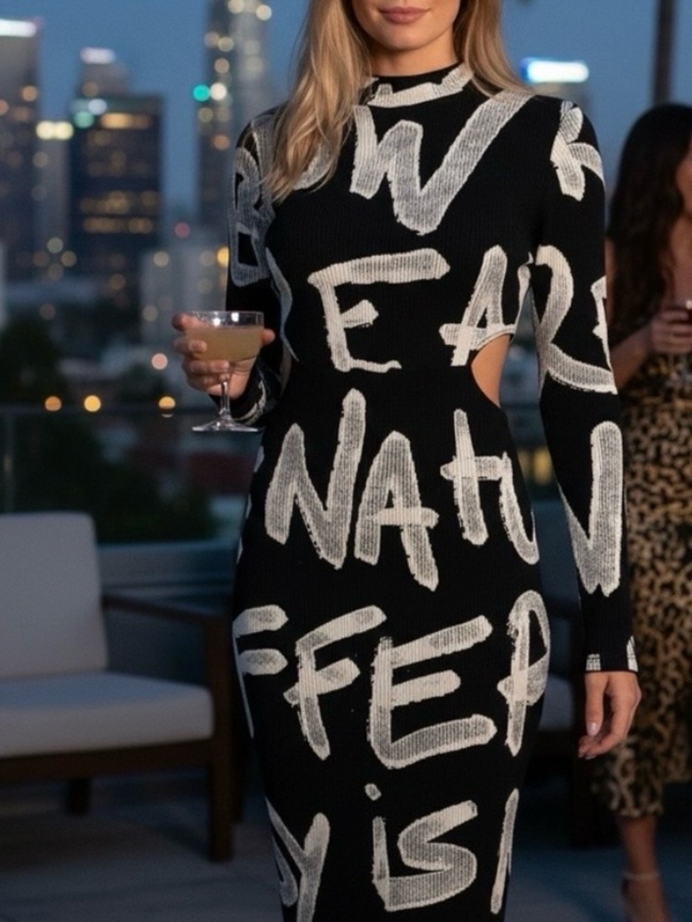 Desigual Manifesto Maya Dress Black & White Graffiti-Print Long Sleeve Bodycon - Picture 2 of 16